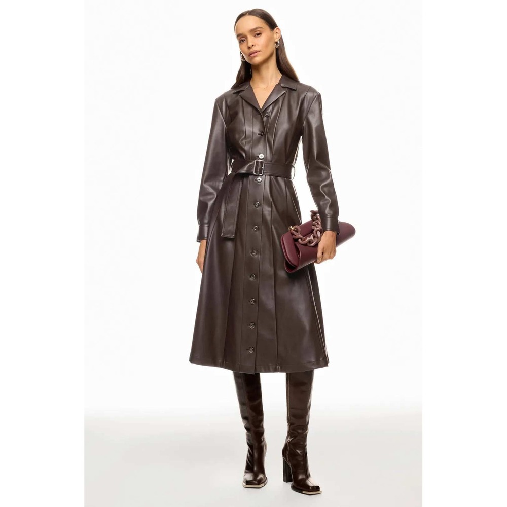 Eudon Choi Dark Brown Faux Leather Belted Midi Shirt Dress Size 6